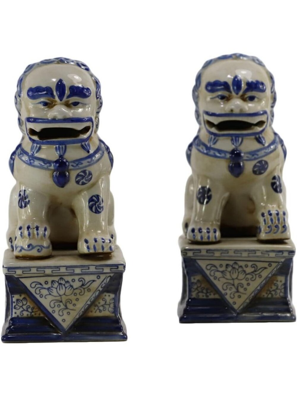 Hand-Painted Blue & White Porcelain Foo Dog Statues, Lucky Guardian Lion